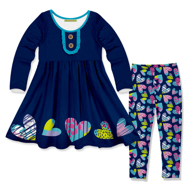 Kids Navy Hearts Border Button-Accent A-Line Dress & Leggings