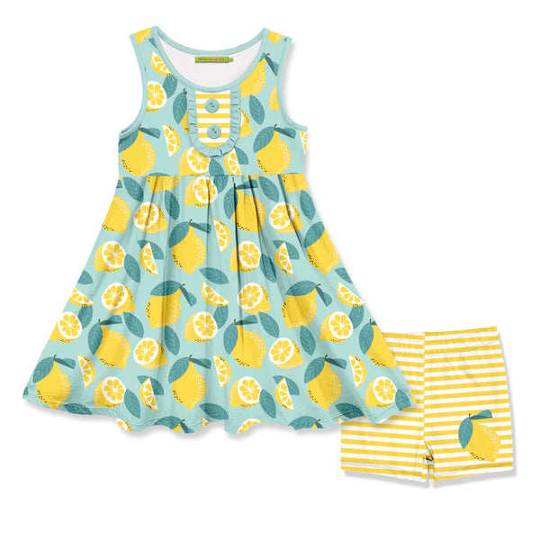 Mint Lemon Button-Front A-Line Dress & Stripe Shorts