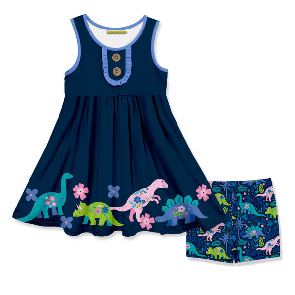 Navy Dino Flower Button-Front A-Line Dress & Shorts