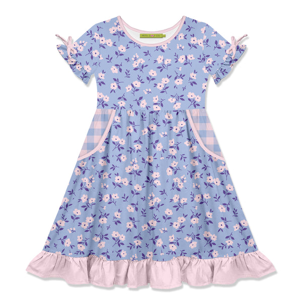 Periwinkle Mini Flower Bow-Sleeve A-Line Dress