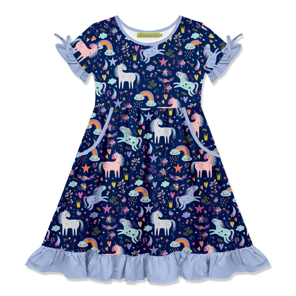 Navy Unicorn Playground Bow-Sleeve A-Line Dress