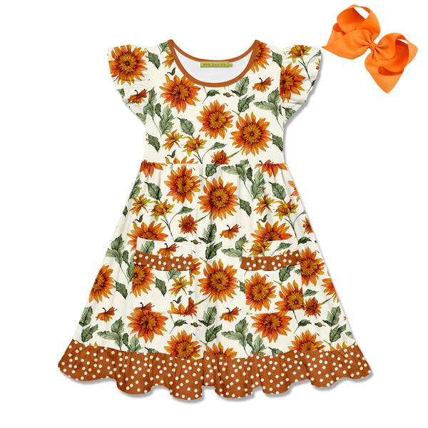 Cream Sunflower Patch-Pocket Dress & Bow Haire Clip