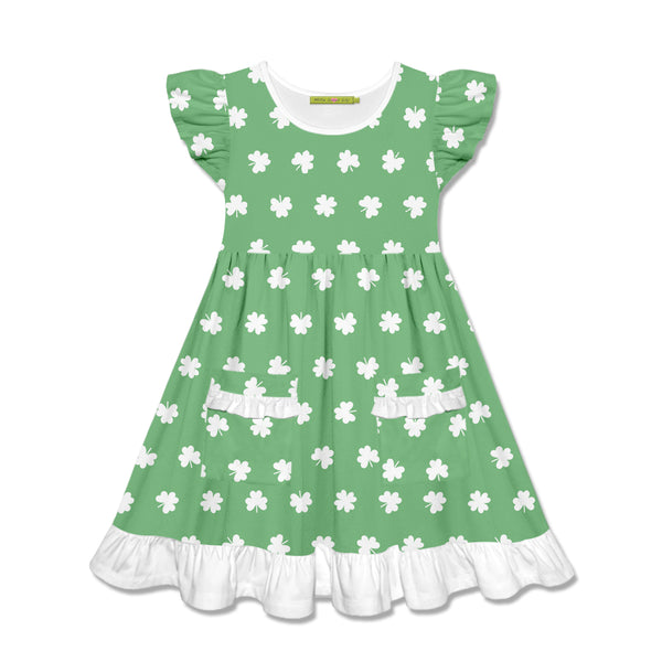 Green Four Leaves Patch-Pocket Angel-Sleeve Dress