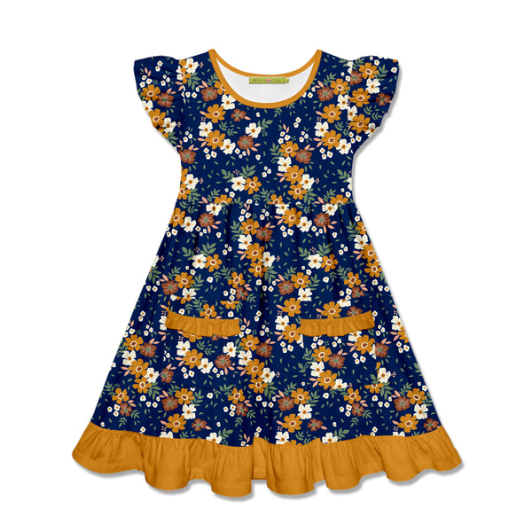 Navy Floral Meadow Patch-Pocket Angel-Sleeve Dress