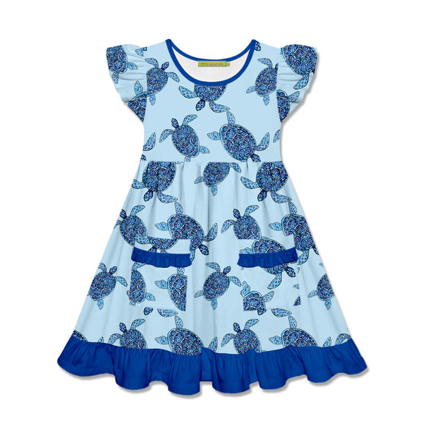 Ice Blue Turtle Tribe Patch-Pocket Angel-Sleeve Dress