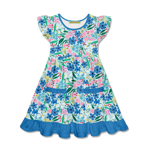 Kids Blue Floral Patch-Pocket Angel-Sleeve Dress