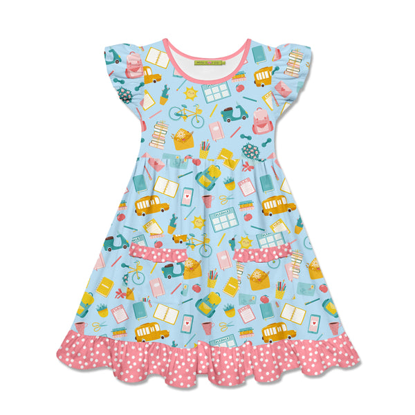 Light Blue School Books Patch-Pocket Angel-Sleeve Dress