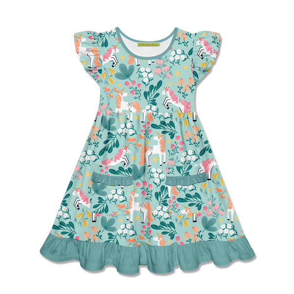 Mint Diminika Unicorn Patch-Pocket Angel-Sleeve Dress