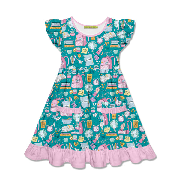 Turquoise Green School Supplies Patch-Pocket Angel-Sleeve Dress