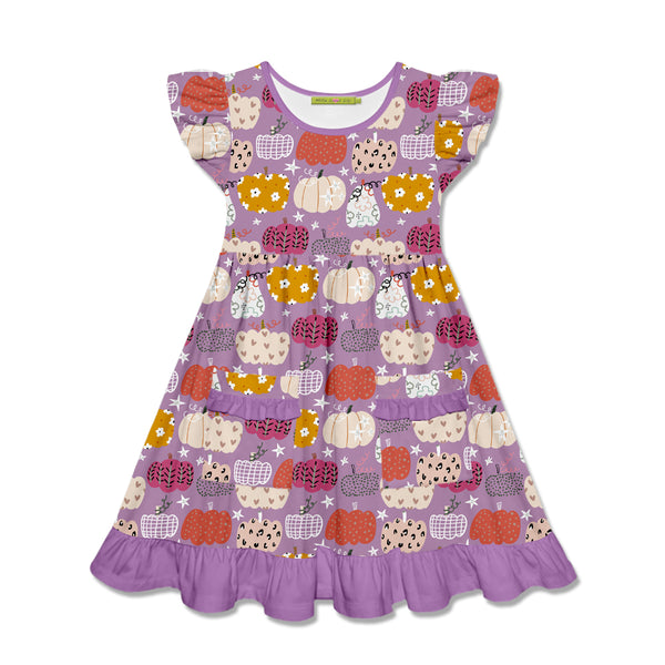 Millie Loves Lily Girls Lilac Pumpkin Print,2-Pocket Dress