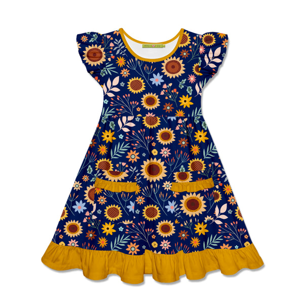 Navy Sunflower Meadow Patch-Pocket Angel-Sleeve Dress