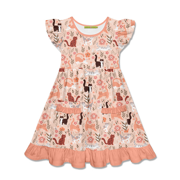 Coral Pretty Kitty Patch-Pocket Angel-Sleeve Dress