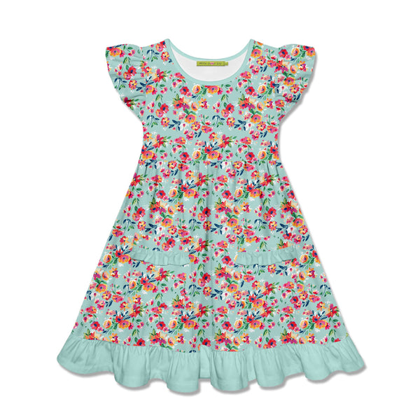 Kids Mint Becky Floral Patch-Pocket Angel-Sleeve Dress