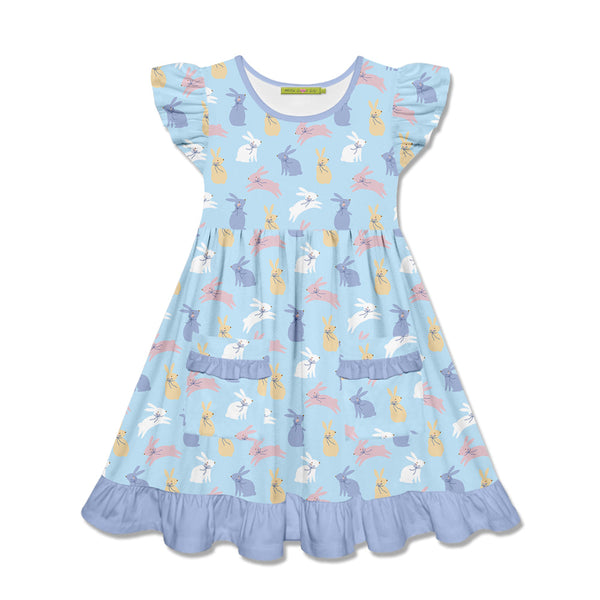 Kids Pale Blue Bunnies Patch-Pocket Angel-Sleeve Dress