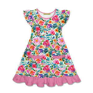 Kids Violet Becky Floral Patch-Pocket Angel-Sleeve Dress