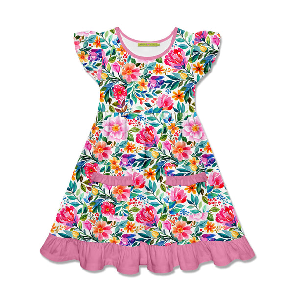 Kids Violet Becky Floral Patch-Pocket Angel-Sleeve Dress