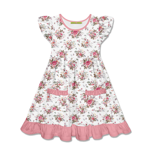 Kids White Floral Bouquet Patch-Pocket Angel-Sleeve Dress