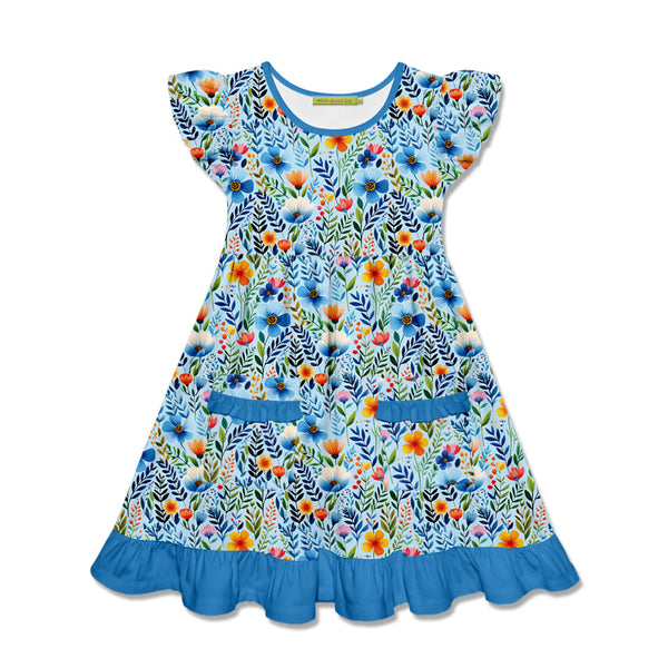 Kids Blue Rainbow Floral Patch-Pocket Angel-Sleeve Dress