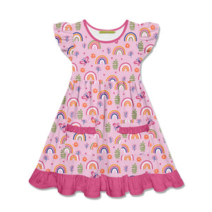 Kids Pink Rainbow Garden Patch-Pocket Angel-Sleeve Dress