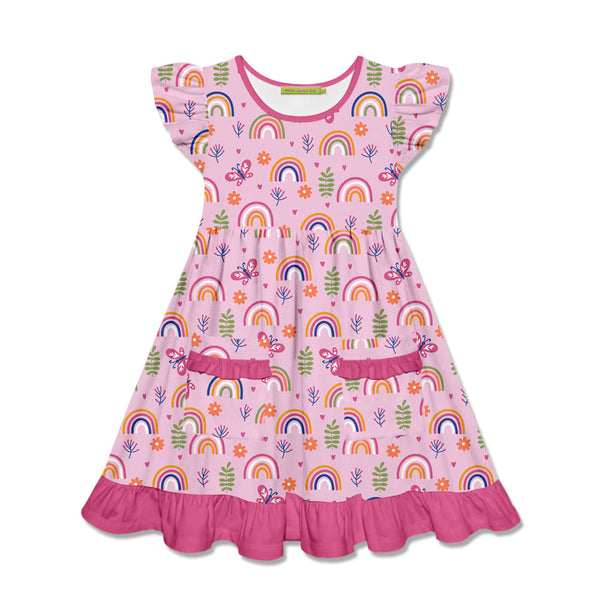 Kids Pink Rainbow Garden Patch-Pocket Angel-Sleeve Dress