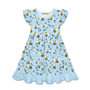 Millie Loves Lily Girls Blue Happy Bee 2-Pocket Dress, Girls Size 10