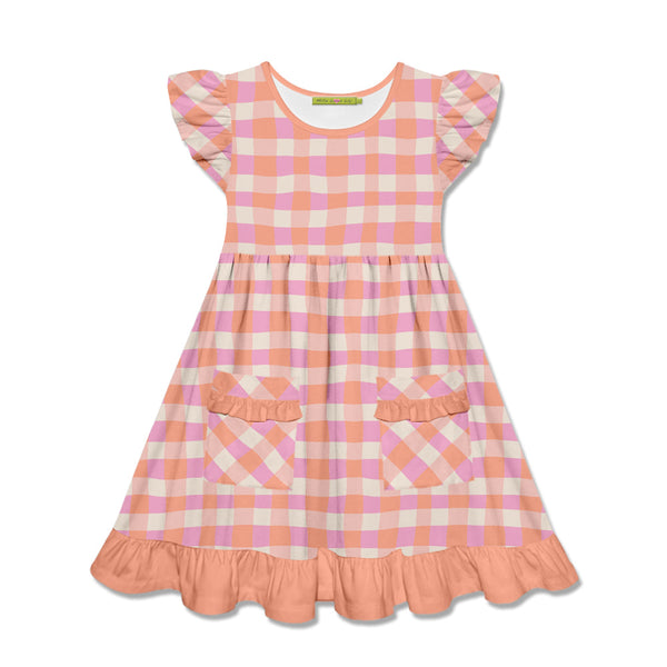 Kids Coral Wavy Check Patch-Pocket Angel-Sleeve Dress