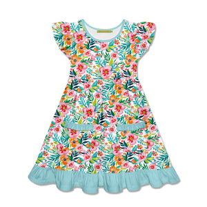 Kids Mint Floral Patch-Pocket Angel-Sleeve Dress