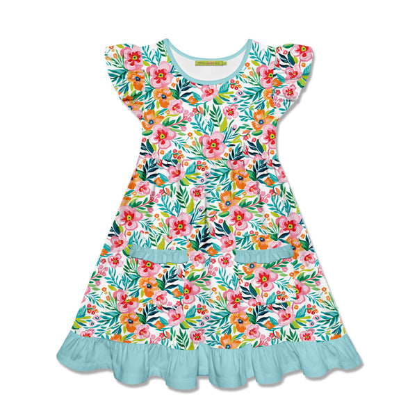 Kids Mint Floral Patch-Pocket Angel-Sleeve Dress