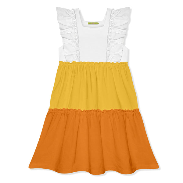 Yellow & Orange Color Block Ruffle Tiered A-Line Dress