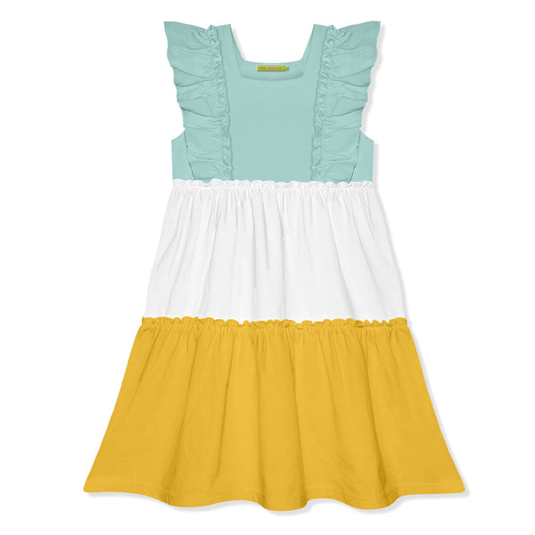 White & Yellow Color Block Ruffle Tiered Dress