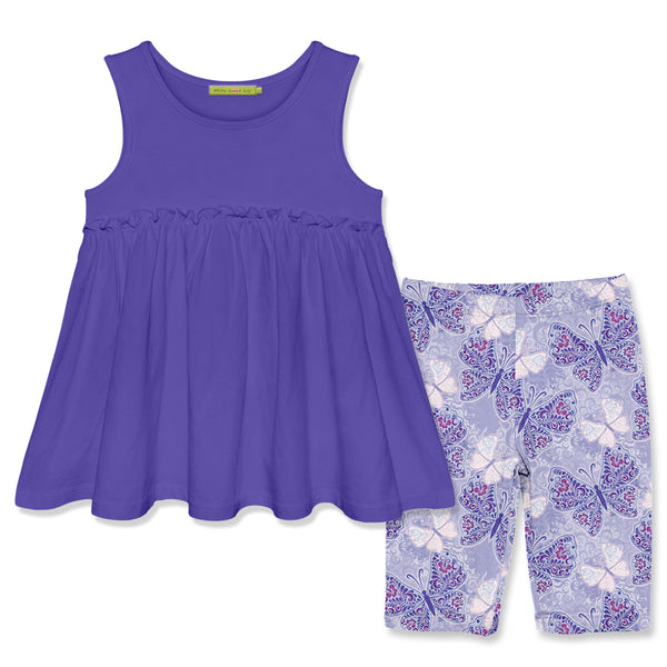 Blue Iris Sleeveless Ruffle Baby-Doll Top & Butterfly Jewel Bike Shorts