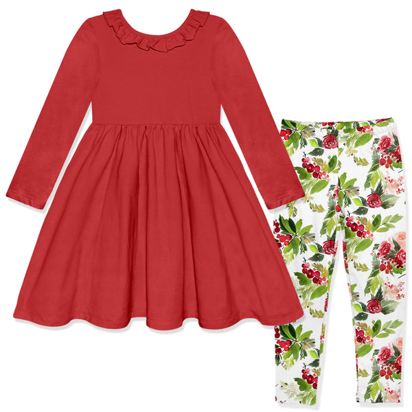 Red Ruffle Long-Sleeve A-Line Dress & Christmas Rose Leggings