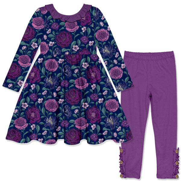 Dusk Floral Ruffle-Neck A-Line Dress & Dark Purple Button Leggings