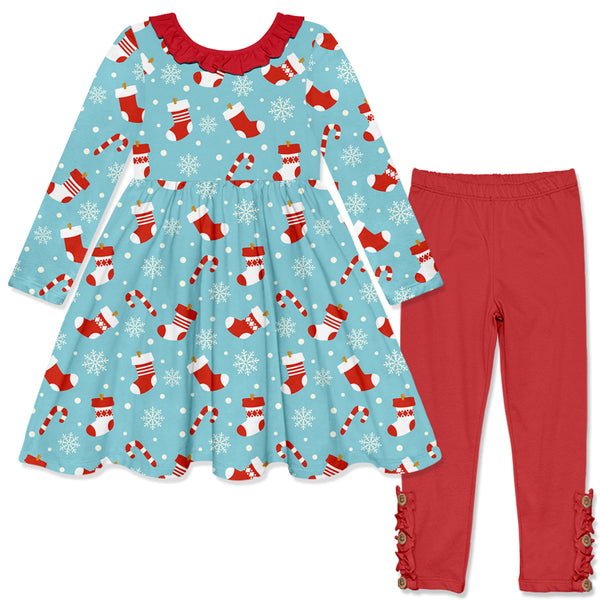 Aqua Christmas Stockings Ruffle-Neck A-Line Dress & Red Button Leggings