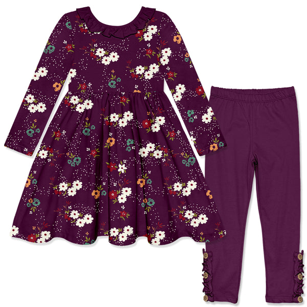 Plum Winter Floral Ruffle-Neck A-Line Dress & Leggings