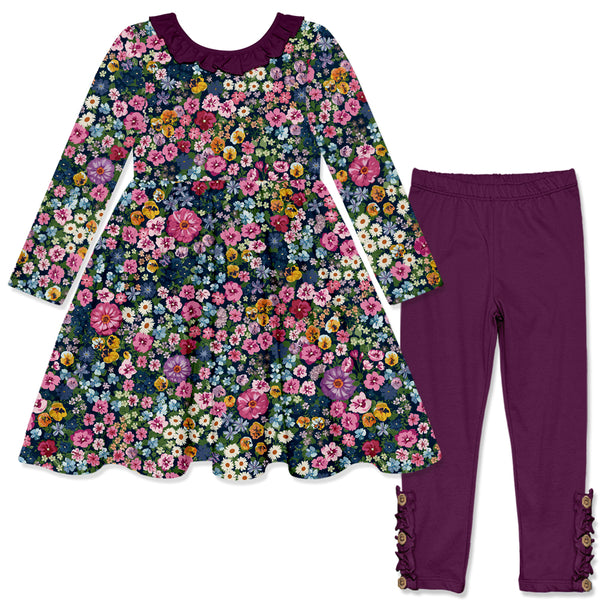 Navy Floral Fashion Ruffle-Neck A-Line Dress & Plum Button Leggings