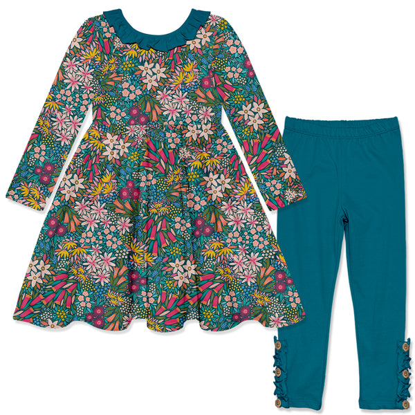 Teal Flowers Ruffle-Neck A-Line Dress & Teal Button Leggings
