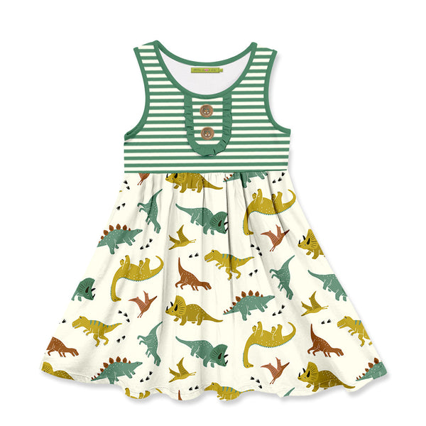 Cream & Green Dino Button-Accent Dress