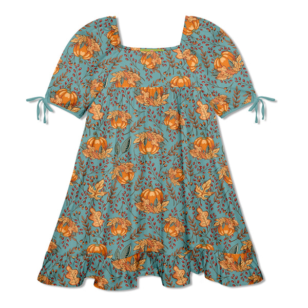 Nile Blue Pumpkin Praire Puff Sleeve Ruffle-Hem A-Line Dress