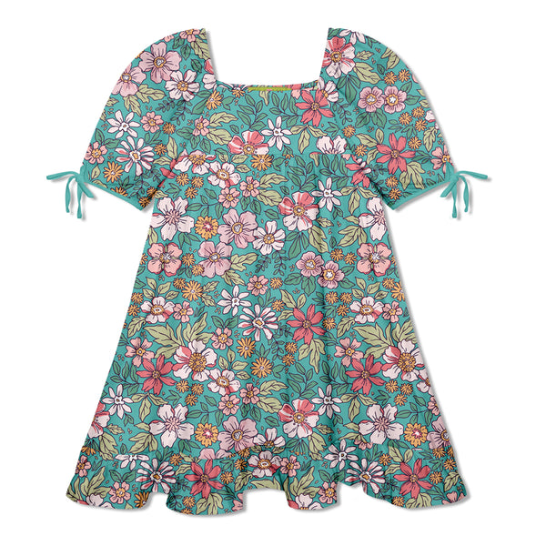 Turquoise Green Saylor Floral Puff Sleeve Ruffle-Hem A-Line Dress