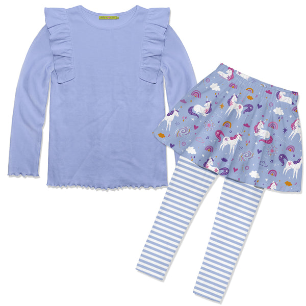 Periwinkle Ribbed Long-Sleeve Top & Unicorn Princess Skirted Leggings