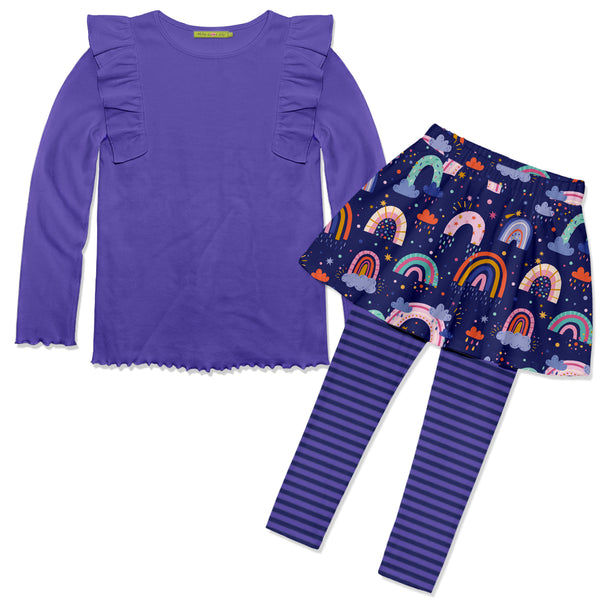 Blue Iris Ribbed Long-Sleeve Top & Clouds & Rainbows Skirted Leggings