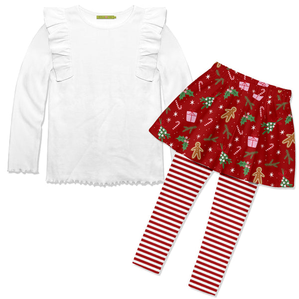 Kids White Ribbed Long Sleeve Top & Christmas Holly Skirted Leggings