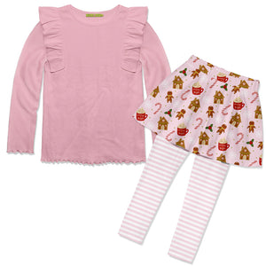 Kids Pink Ribbed Long Sleeve Top & Gingerbread Skirted Leggings