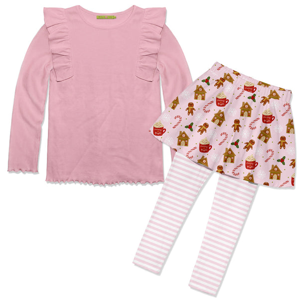 Kids Pink Ribbed Long Sleeve Top & Gingerbread Skirted Leggings