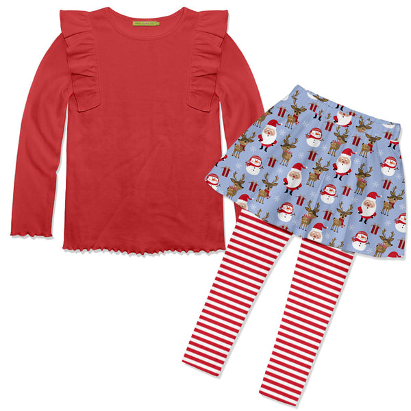 Kids Red Ribbed Long-Sleeve Top & Santa Deer Skirted Leggings
