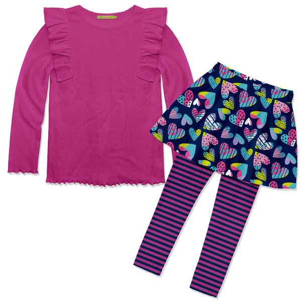 Kids Rose Violet Ribbed Long-Sleeve Top & Navy Hearts Skirted Leggings