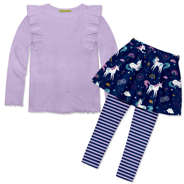 Orchid Petal Ribbed Ruffle Long-Sleeve Top & Unicorn Dreams Leggings