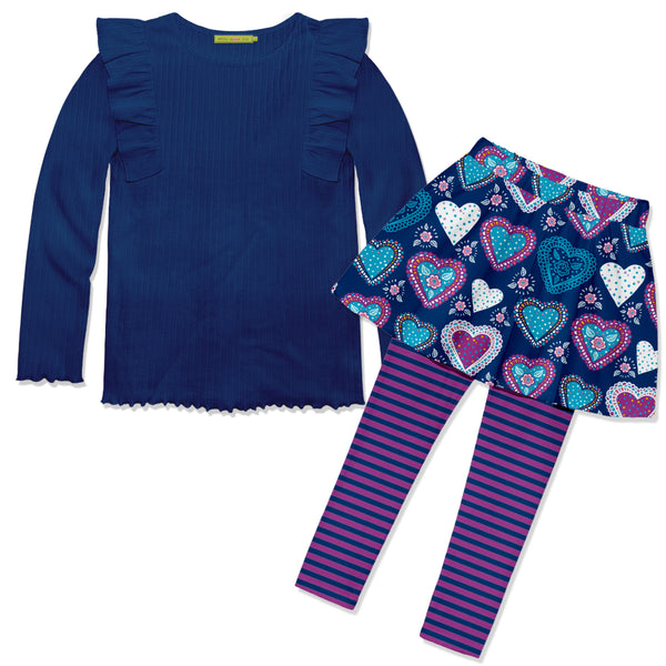 Navy Ribbed Ruffle Long-Sleeve Top & Nave of Heart Skirted Leggings