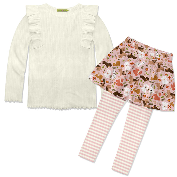 Kids Cream Ribbed Ruffle Long-Sleeve Top & Dog Days Leggings